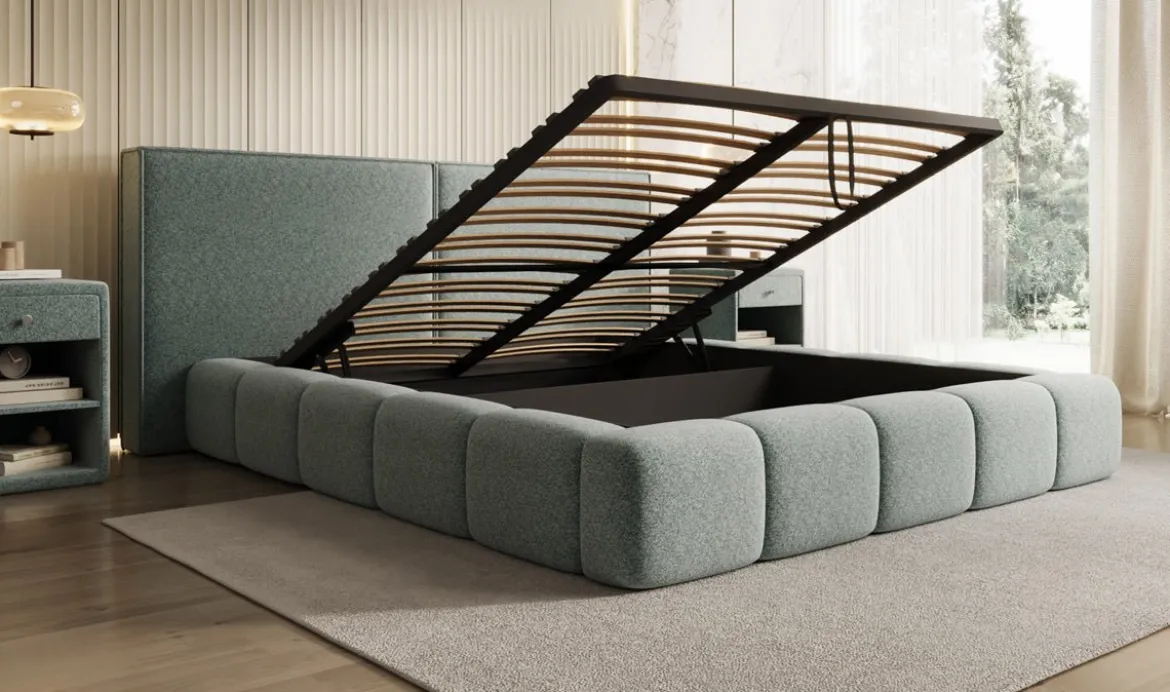 Designer Polsterbett Elise in Strukturstoff mit Stauraum
