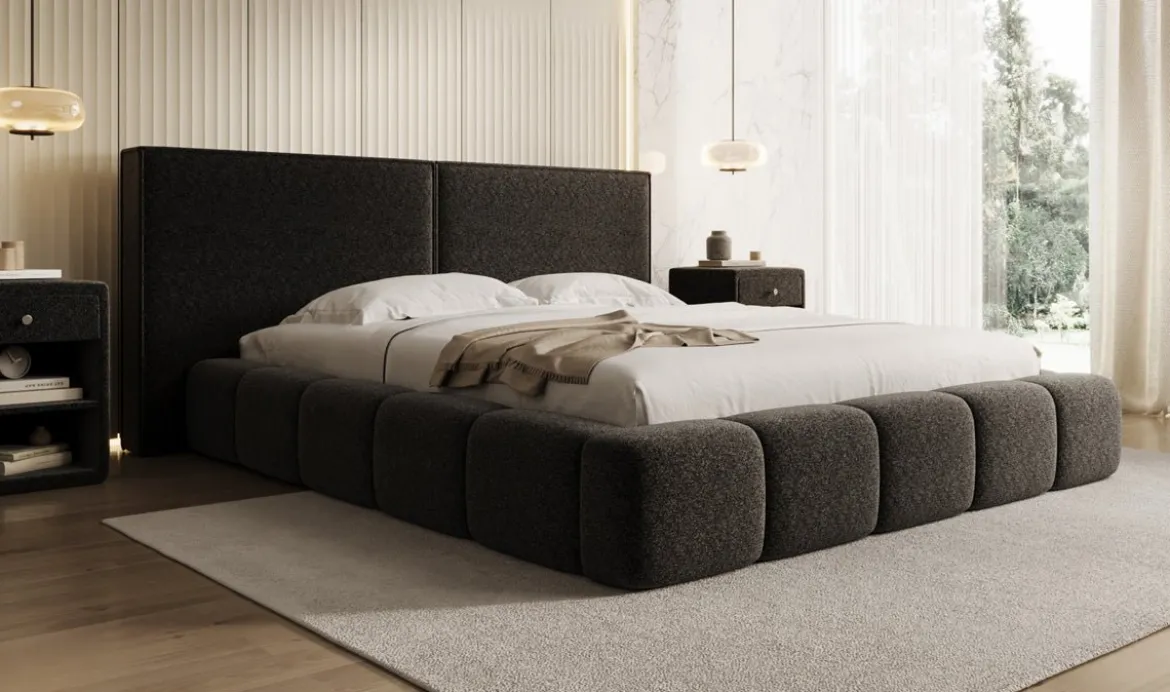 Designer Polsterbett Elise in Strukturstoff mit Stauraum