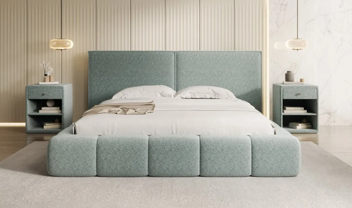 Designer Polsterbett Elise in Strukturstoff mit Stauraum