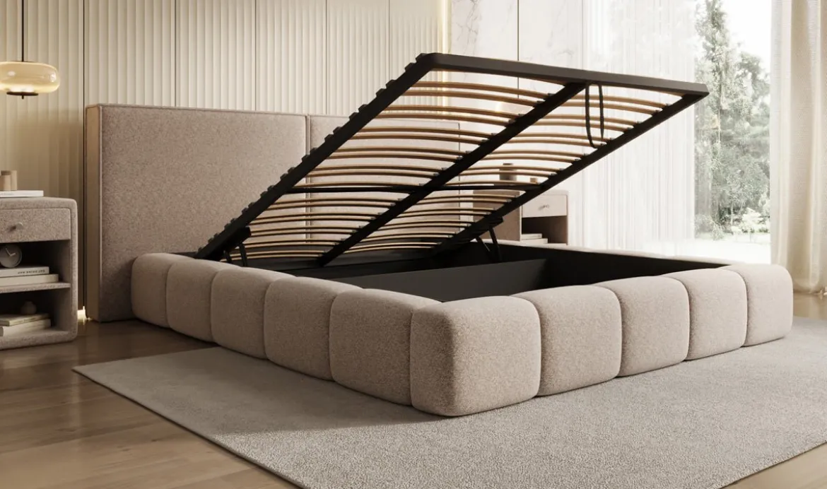 Designer Polsterbett Elise in Strukturstoff mit Stauraum