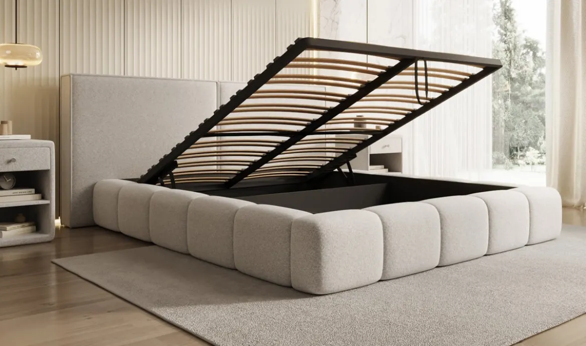 Designer Polsterbett Elise in Strukturstoff mit Stauraum