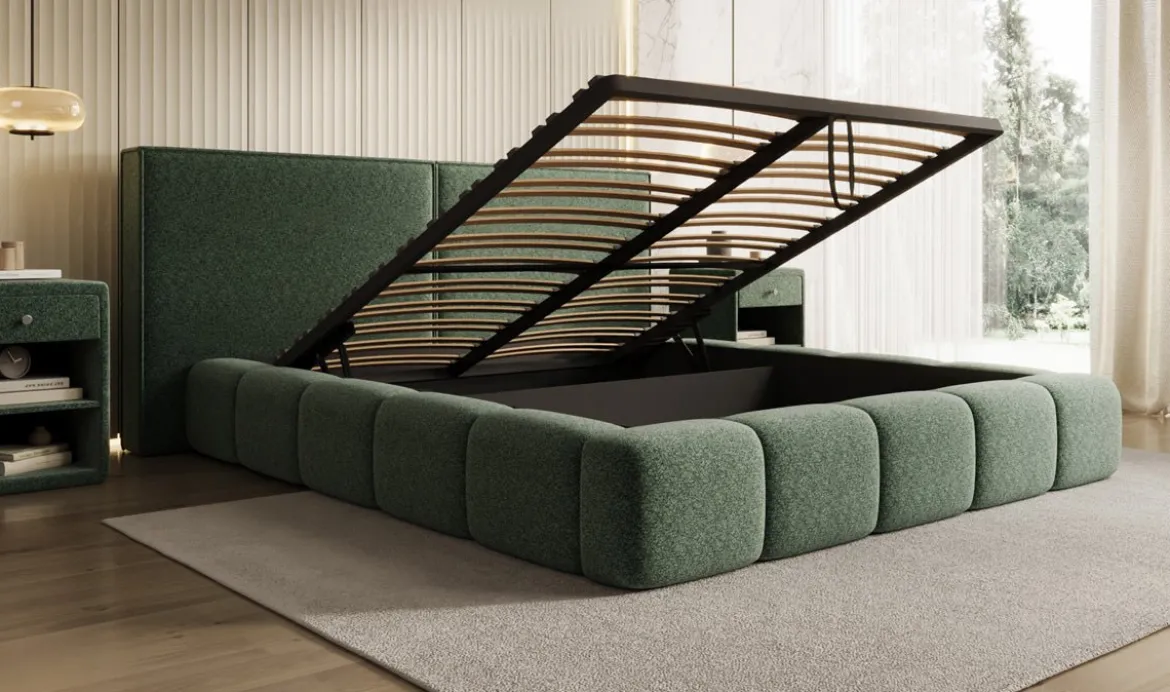 Designer Polsterbett Elise in Strukturstoff mit Stauraum