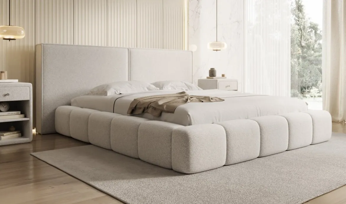 Designer Polsterbett Elise in Strukturstoff mit Stauraum