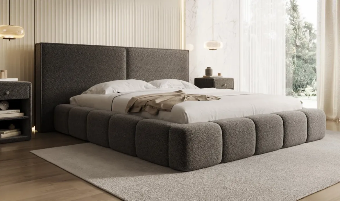 Designer Polsterbett Elise in Strukturstoff mit Stauraum