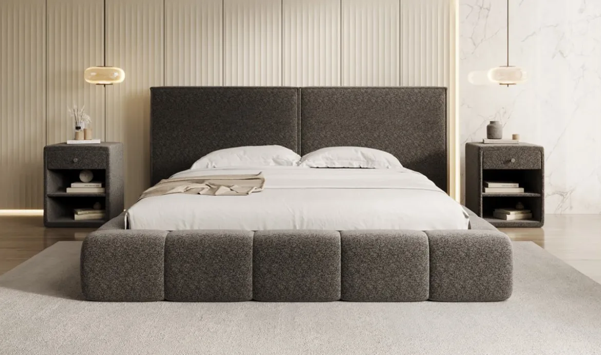 Designer Polsterbett Elise in Strukturstoff mit Stauraum