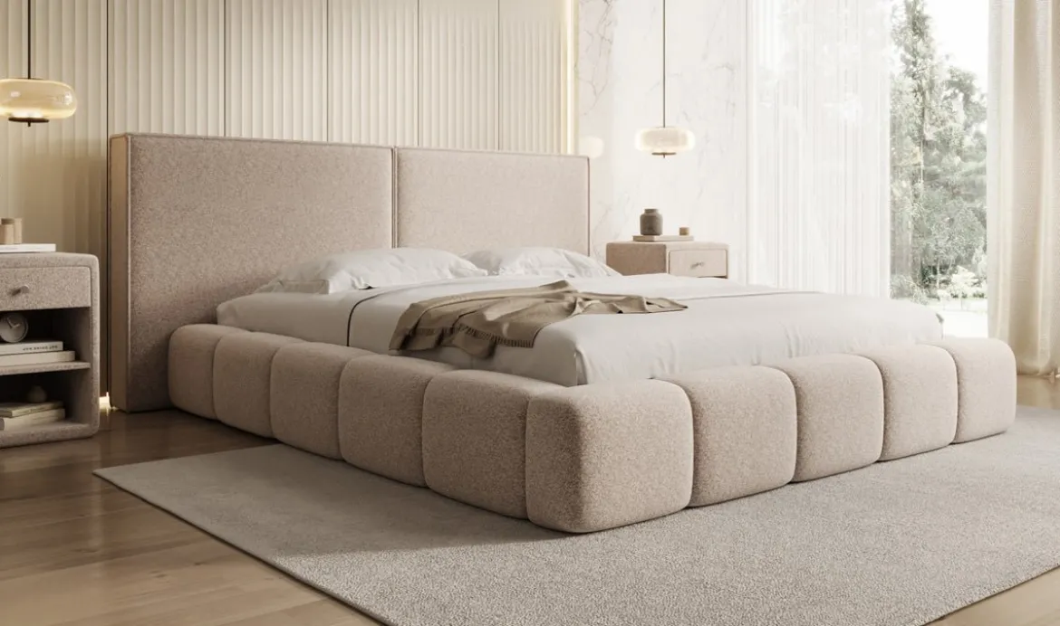Designer Polsterbett Elise in Strukturstoff mit Stauraum