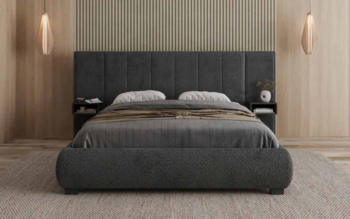 Designer Polsterbett Elvara in Bouclé mit Stauraum