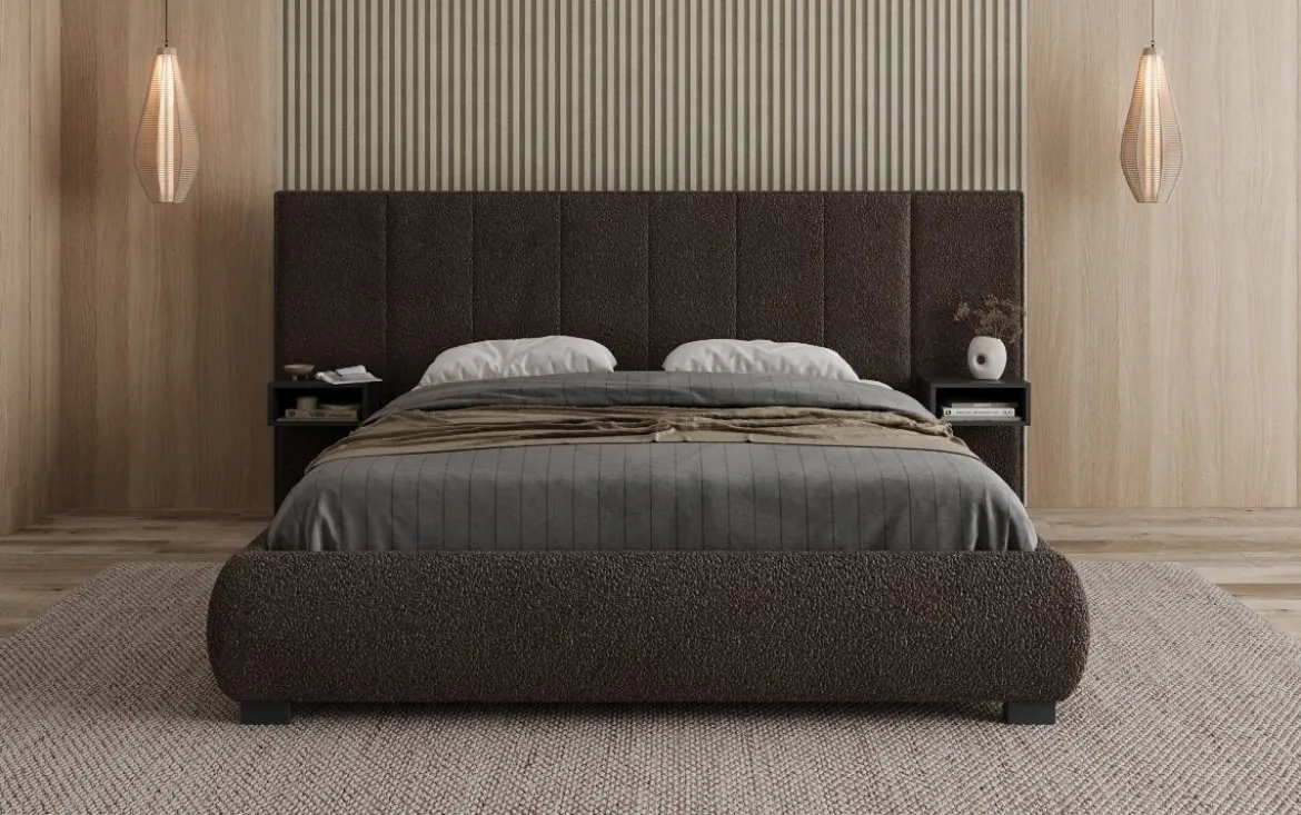 Designer Polsterbett Elvara in Bouclé mit Stauraum
