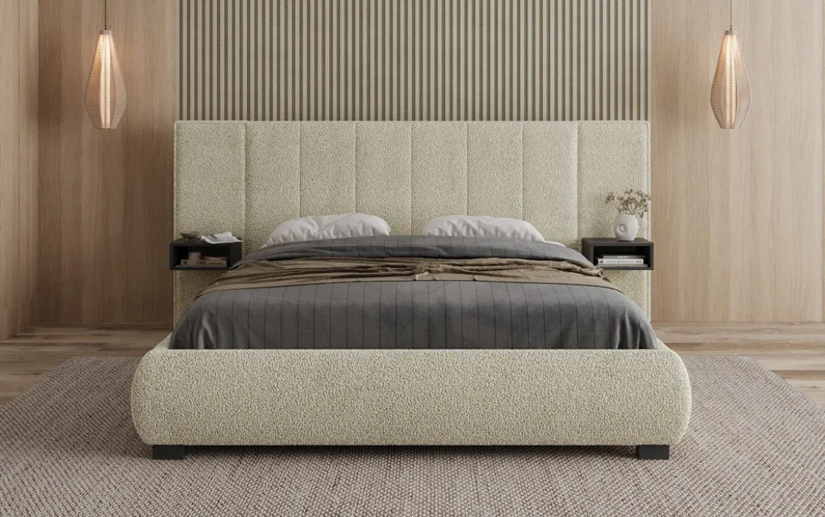 Designer Polsterbett Elvara in Bouclé mit Stauraum