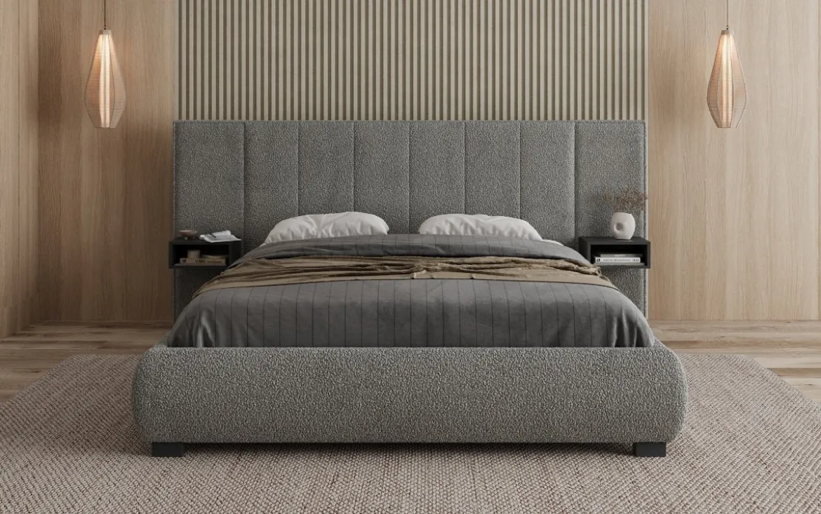 Designer Polsterbett Elvara in Bouclé mit Stauraum