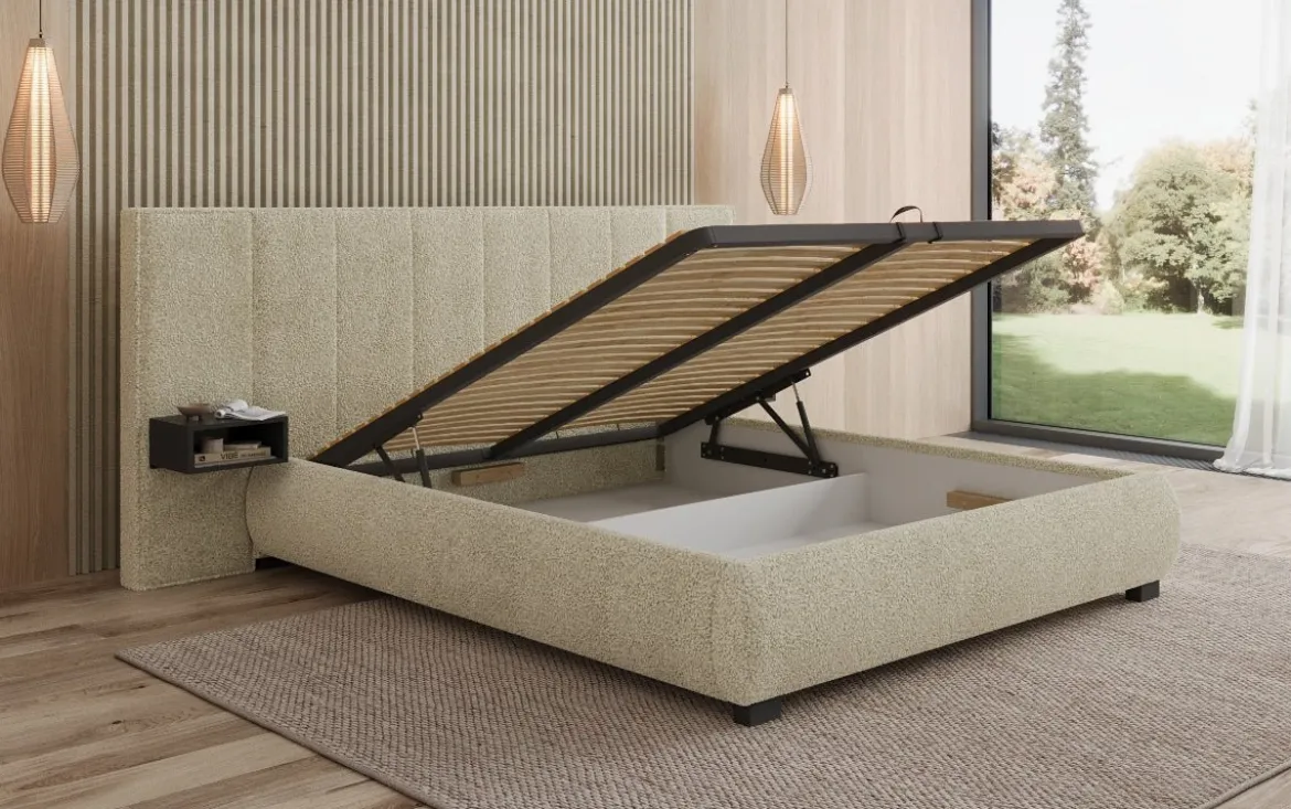 Designer Polsterbett Elvara in Bouclé mit Stauraum