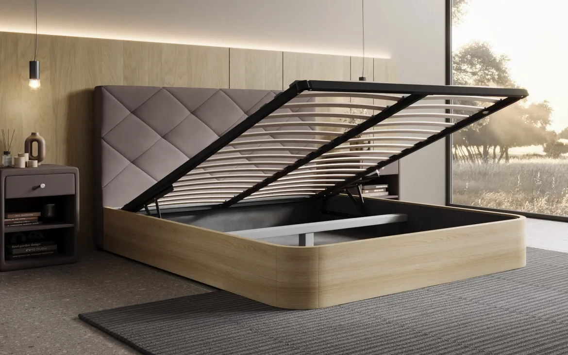 Designer Polsterbett Fiore Caro in Stoff mit Stauraum