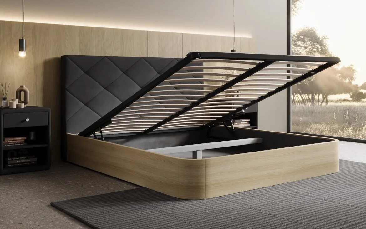 Designer Polsterbett Fiore Caro in Stoff mit Stauraum