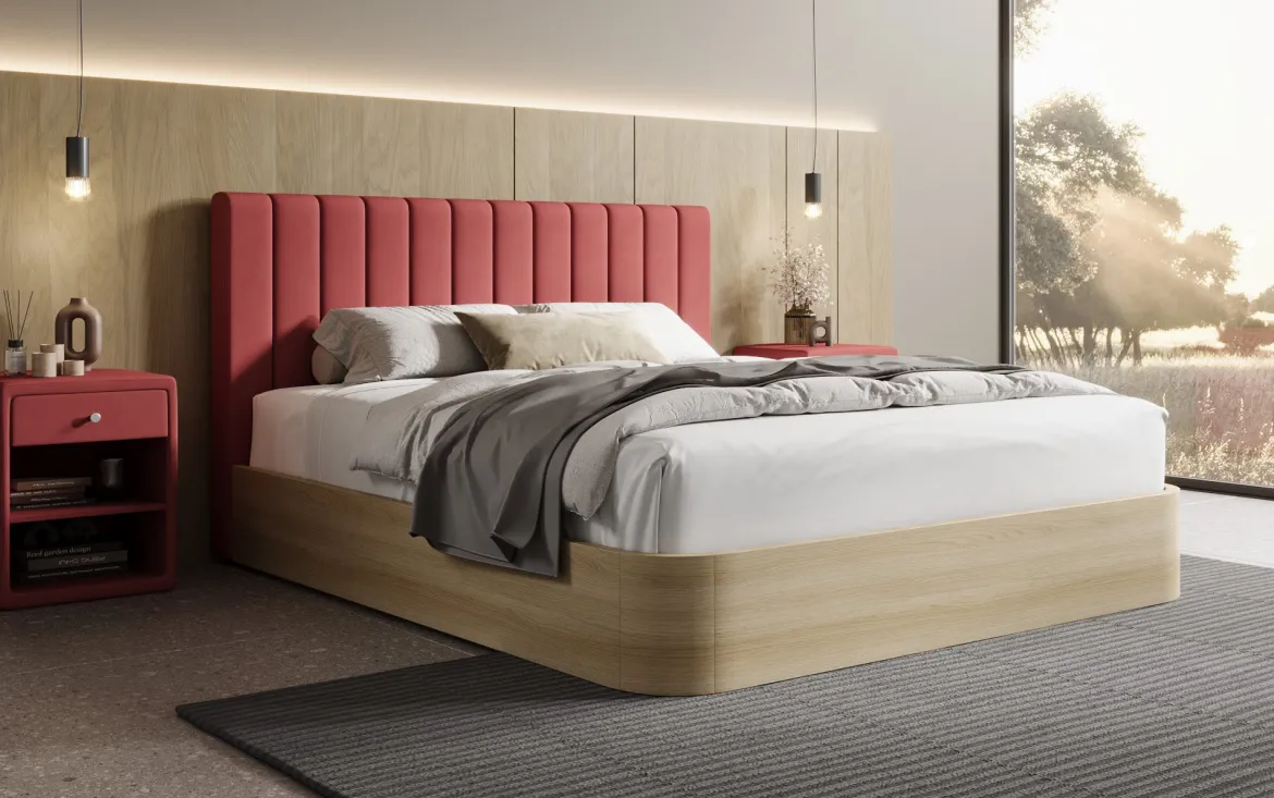 Designer Polsterbett Fiore Linea in Stoff mit Stauraum