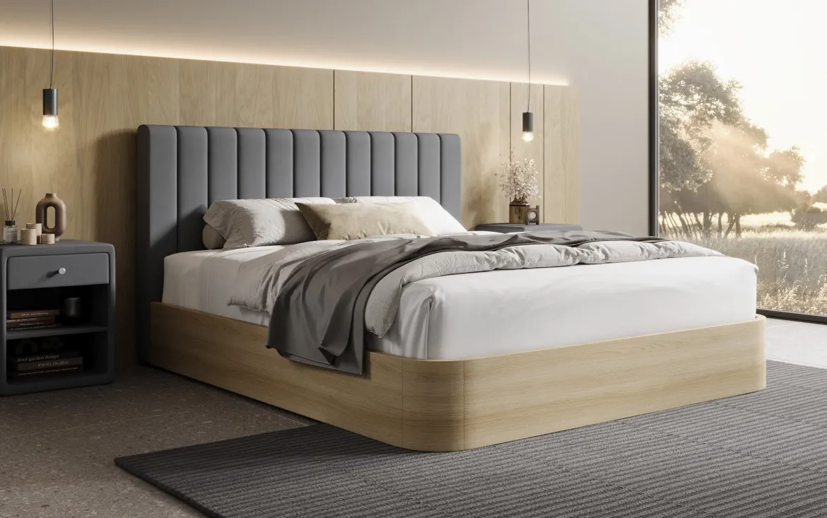Designer Polsterbett Fiore Linea in Stoff mit Stauraum