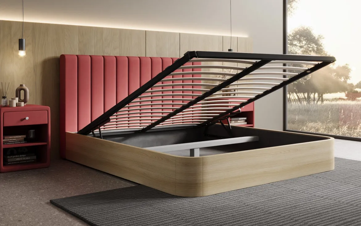 Designer Polsterbett Fiore Linea in Stoff mit Stauraum