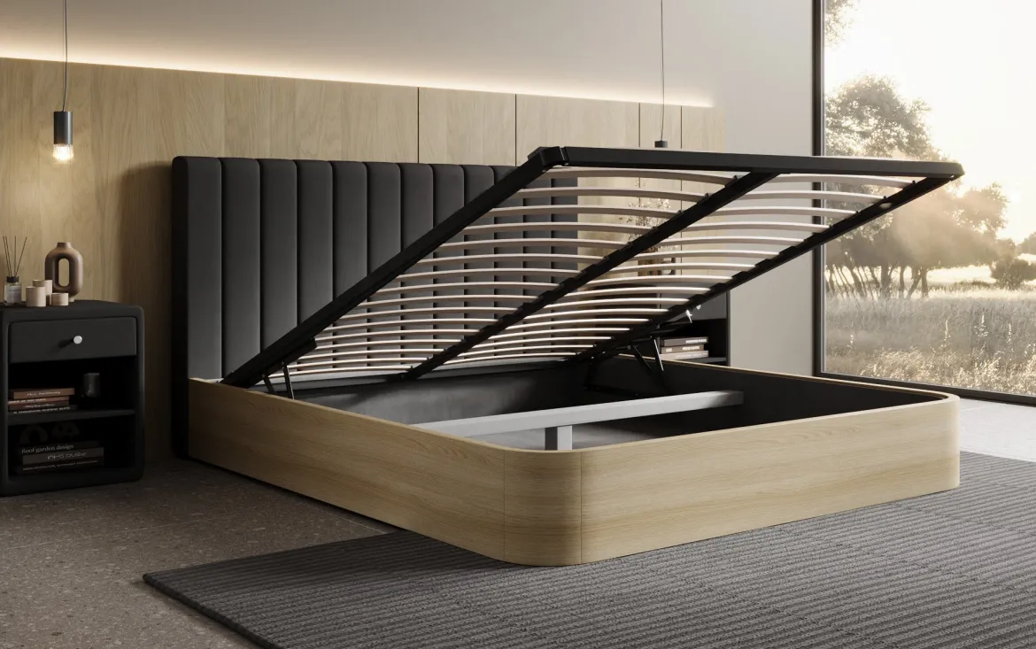Designer Polsterbett Fiore Linea in Stoff mit Stauraum