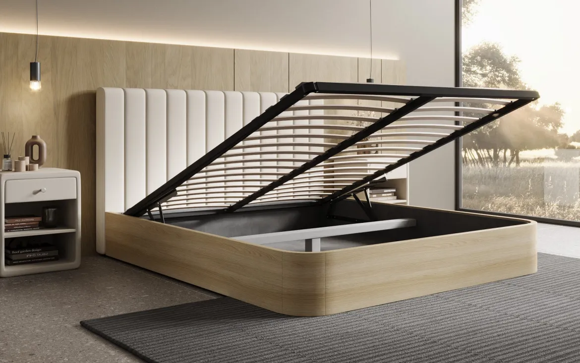 Designer Polsterbett Fiore Linea in Stoff mit Stauraum