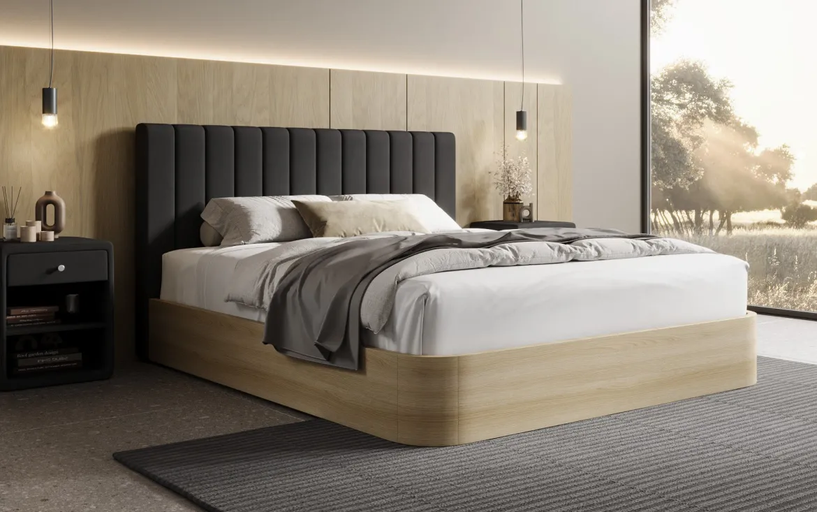 Designer Polsterbett Fiore Linea in Stoff mit Stauraum