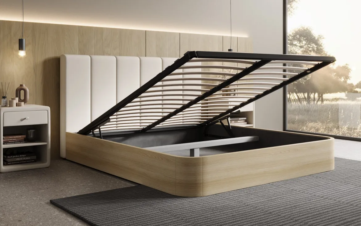 Designer Polsterbett Fiore Piano in Stoff mit Stauraum