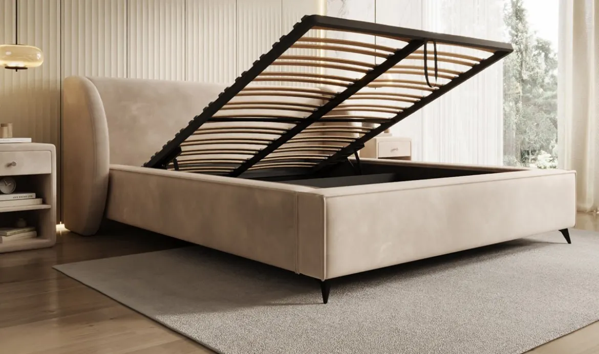 Designer Polsterbett Freya in Samt mit Stauraum