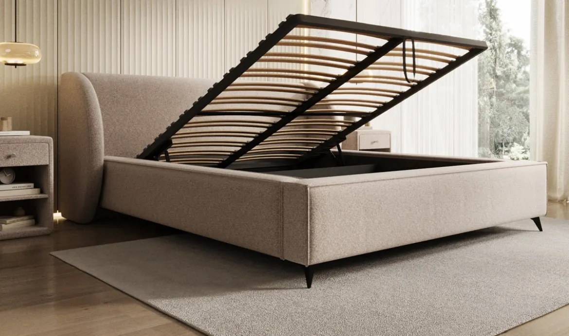 Designer Polsterbett Freya in Strukturstoff mit Stauraum