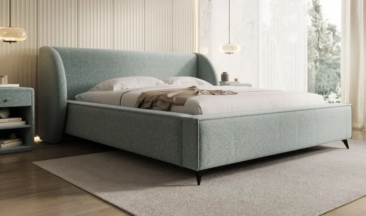 Designer Polsterbett Freya in Strukturstoff mit Stauraum