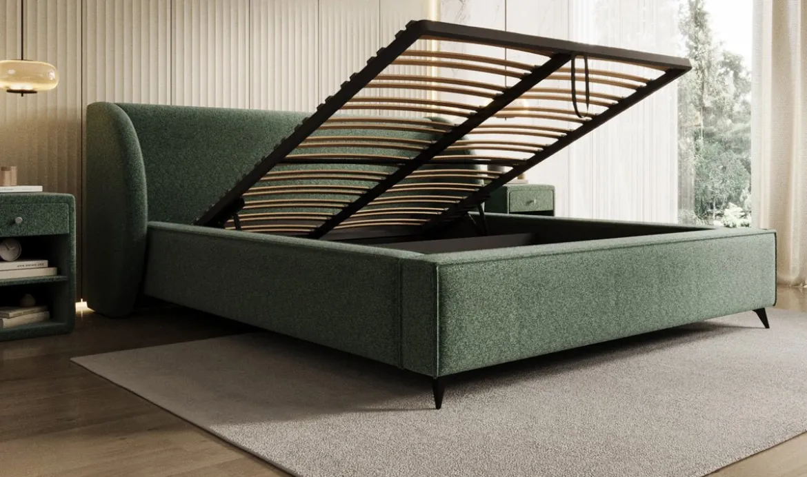 Designer Polsterbett Freya in Strukturstoff mit Stauraum
