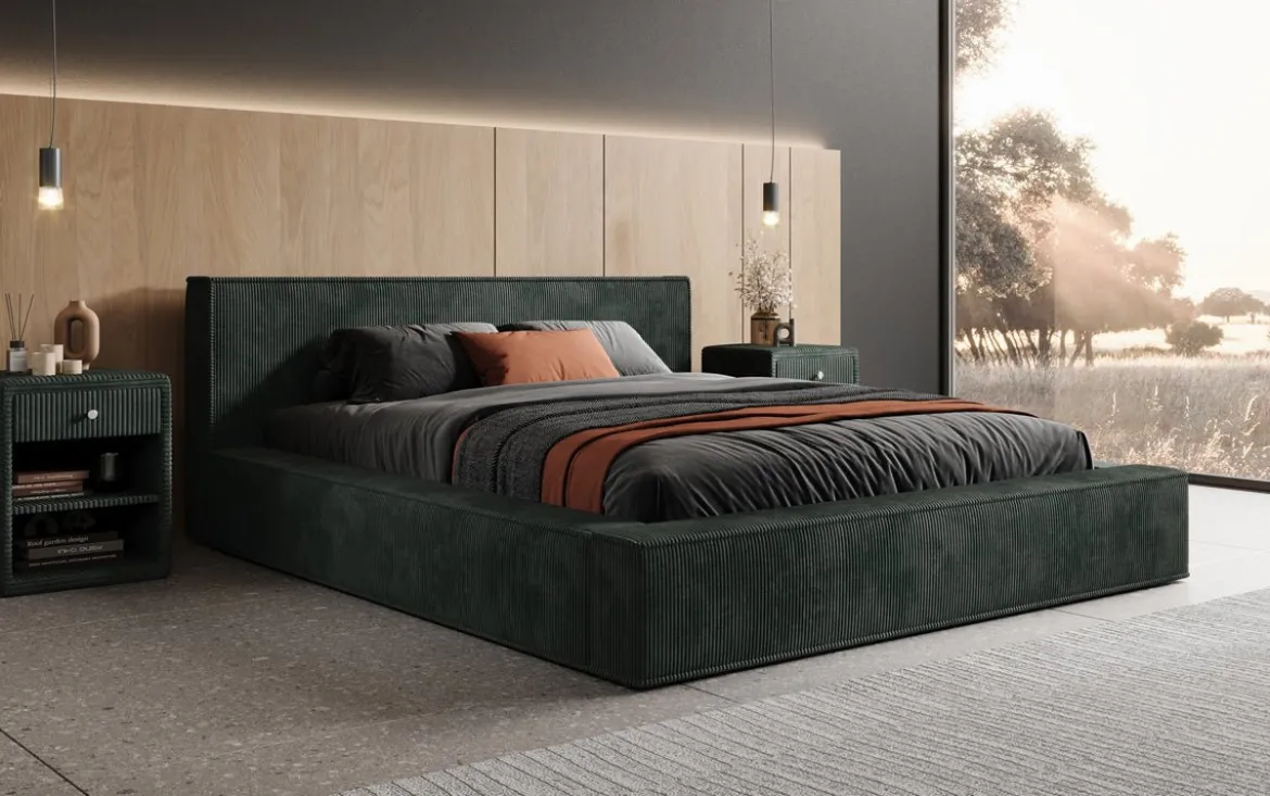 Designer Polsterbett Harmon in Cord mit Stauraum