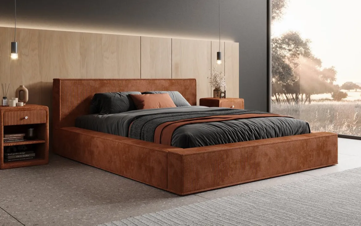 Designer Polsterbett Harmon in Cord mit Stauraum