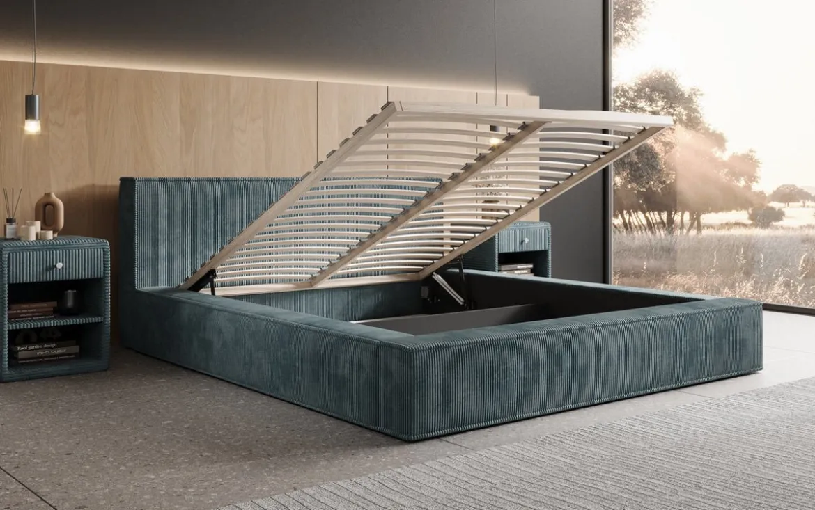 Designer Polsterbett Harmon in Cord mit Stauraum