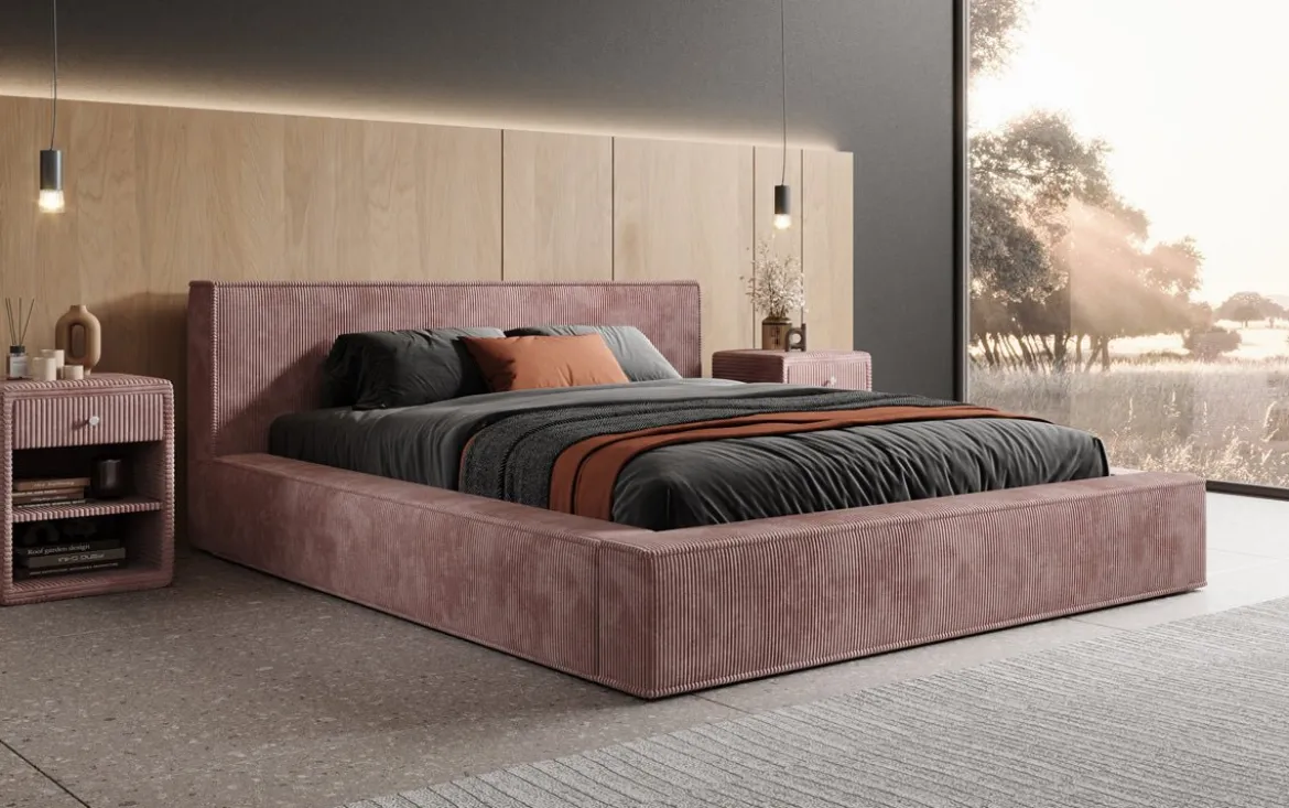 Designer Polsterbett Harmon in Cord mit Stauraum