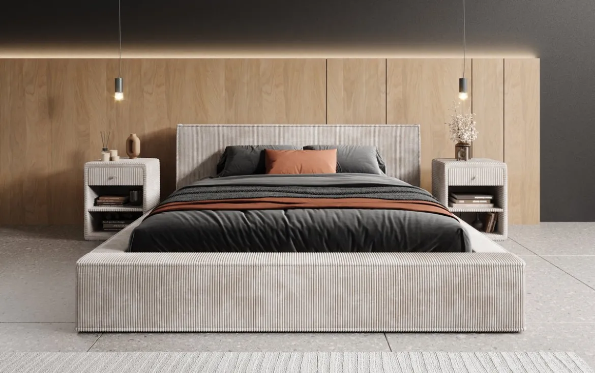 Designer Polsterbett Harmon in Cord mit Stauraum