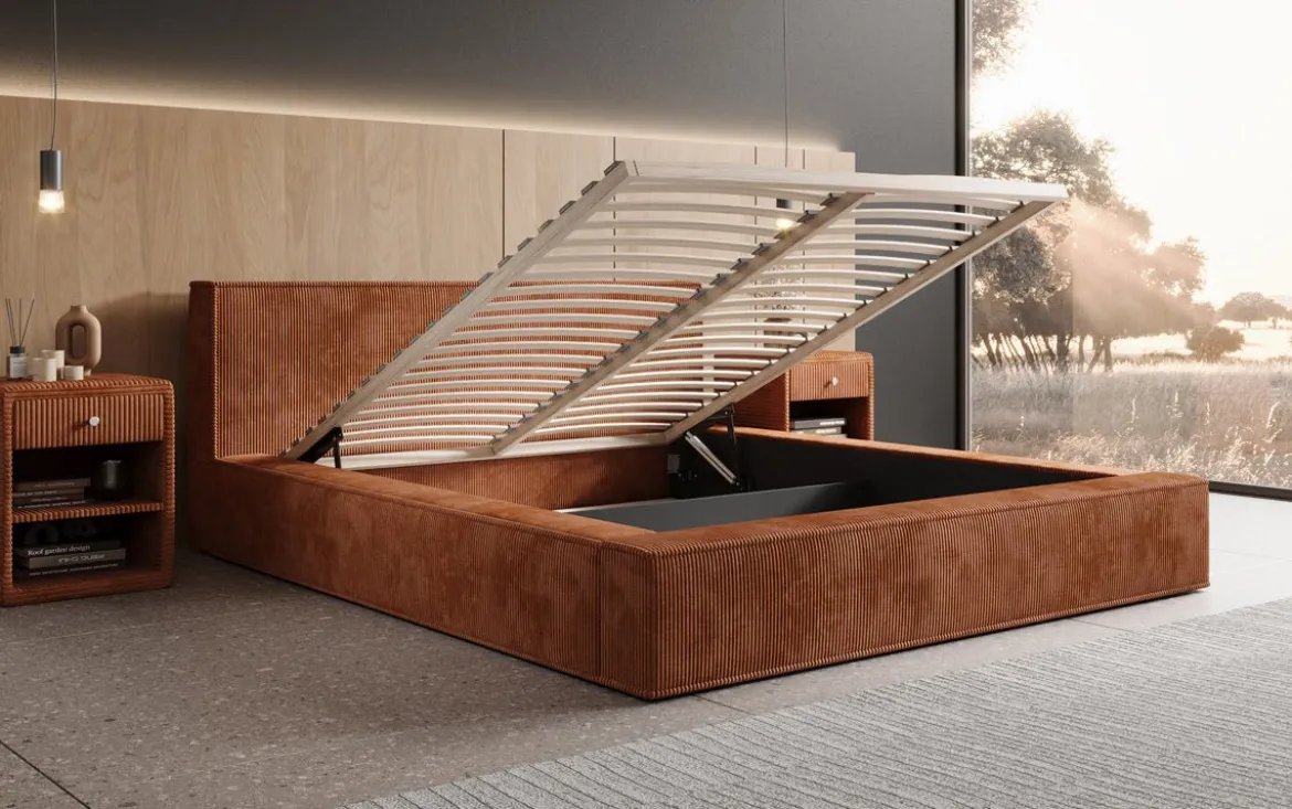 Designer Polsterbett Harmon in Cord mit Stauraum