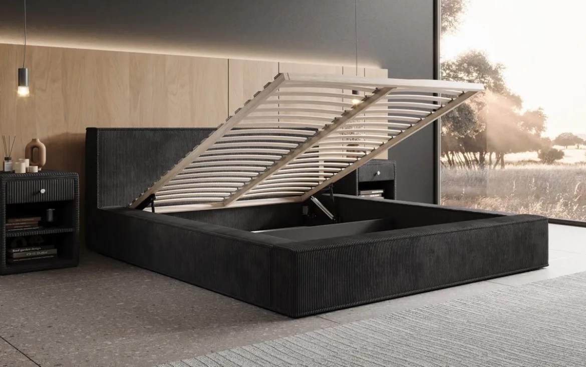 Designer Polsterbett Harmon in Cord mit Stauraum