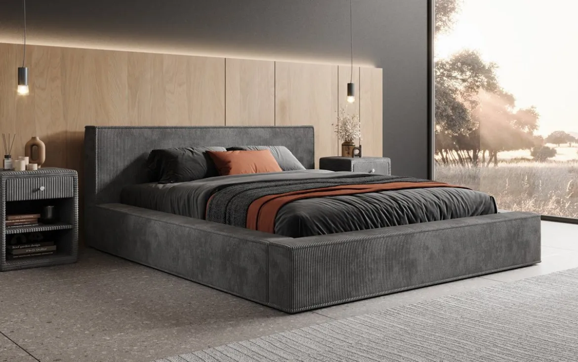 Designer Polsterbett Harmon in Cord mit Stauraum