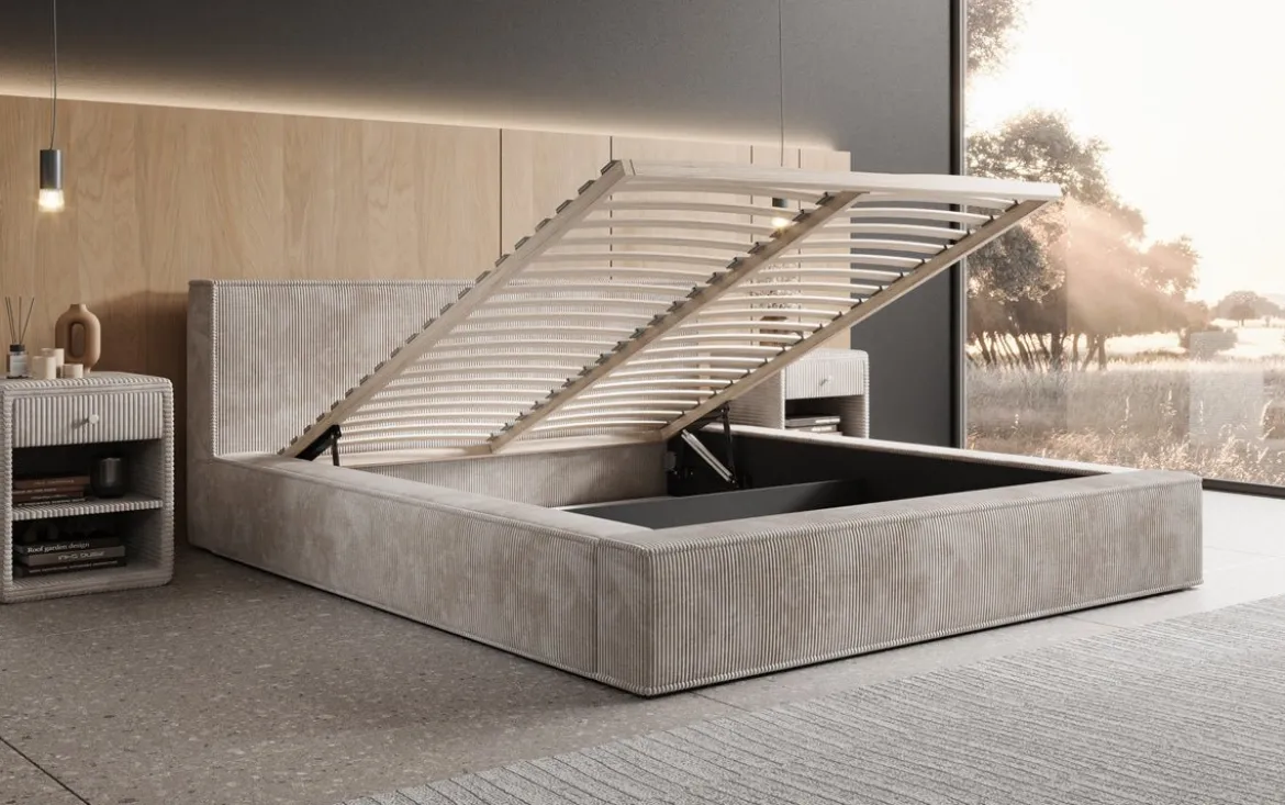 Designer Polsterbett Harmon in Cord mit Stauraum
