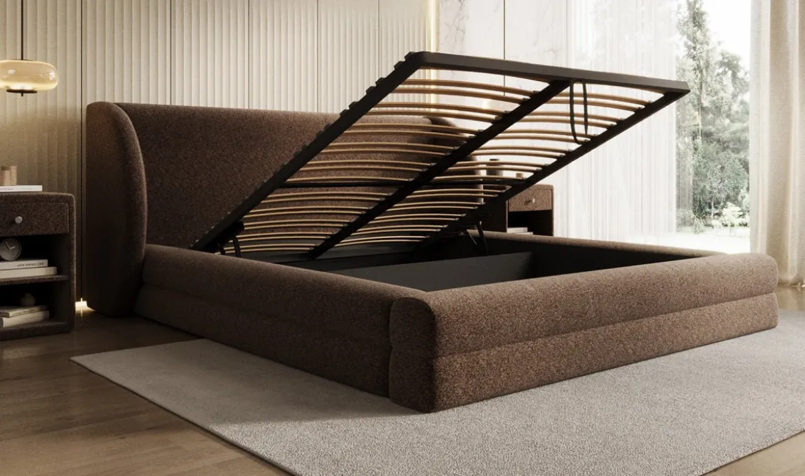 Designer Polsterbett Liv in Strukturstoff mit Stauraum