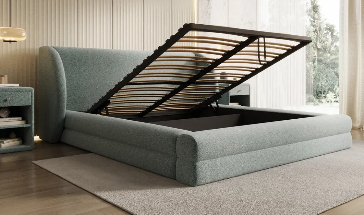 Designer Polsterbett Liv in Strukturstoff mit Stauraum