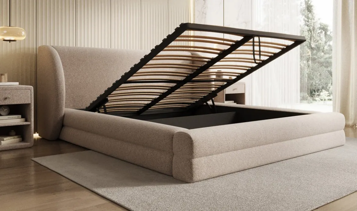 Designer Polsterbett Liv in Strukturstoff mit Stauraum