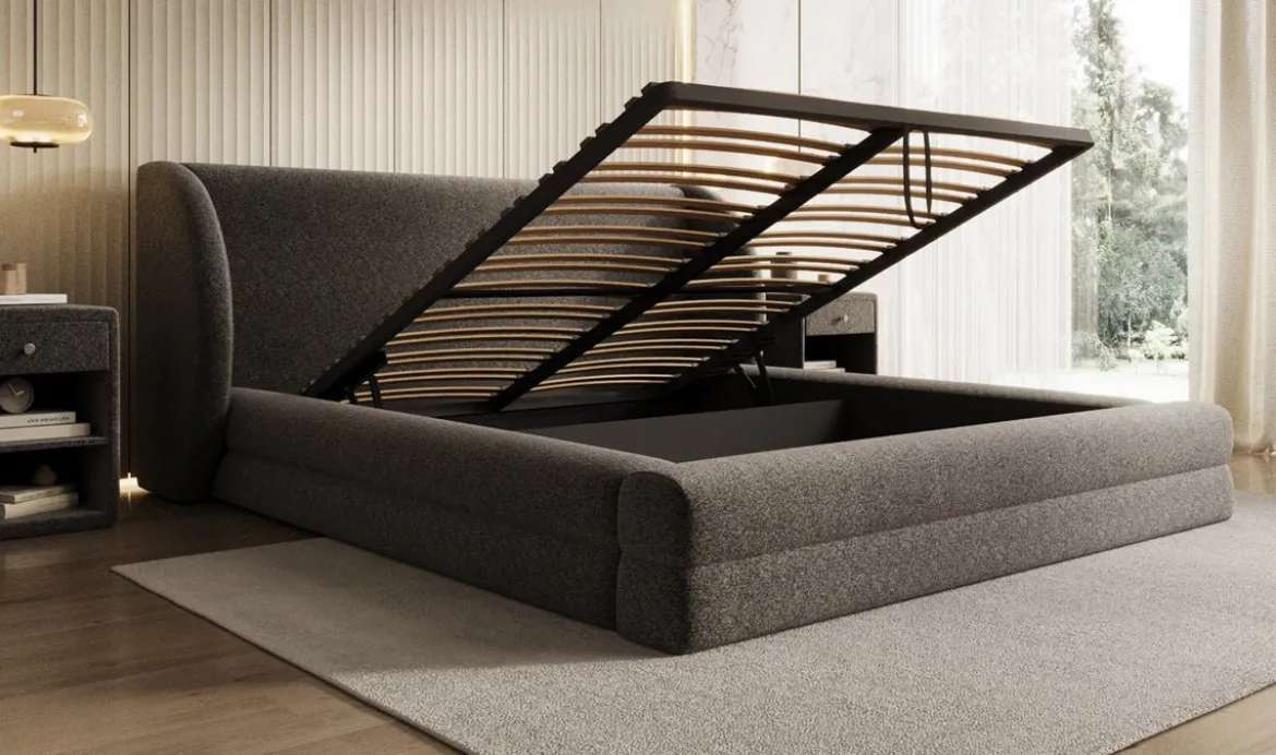 Designer Polsterbett Liv in Strukturstoff mit Stauraum