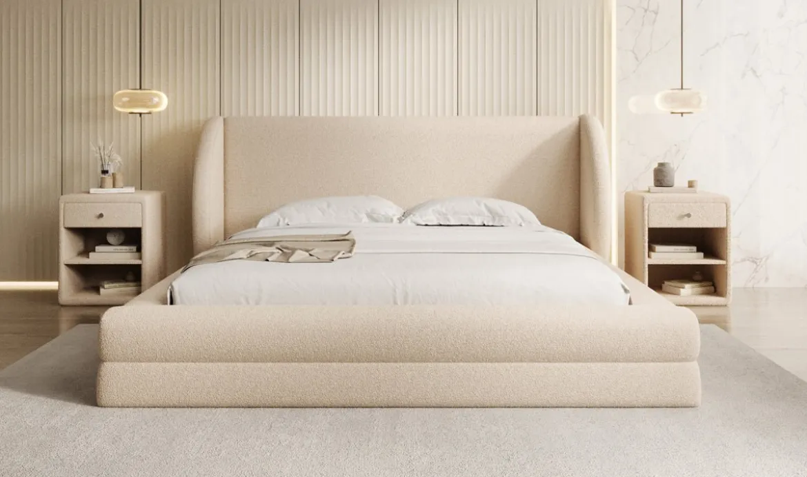 Designer Polsterbett Liv in Teddy Bouclé mit Stauraum