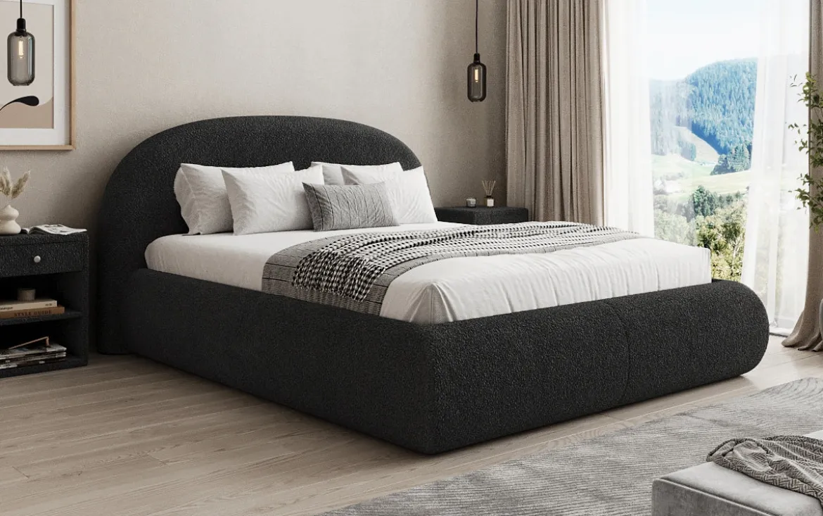 Designer Polsterbett Loop in Teddy Bouclé mit Stauraum