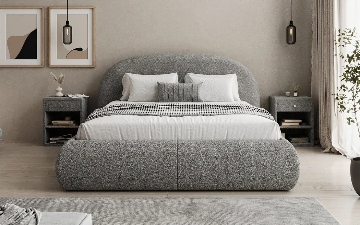 Designer Polsterbett Loop in Teddy Bouclé mit Stauraum