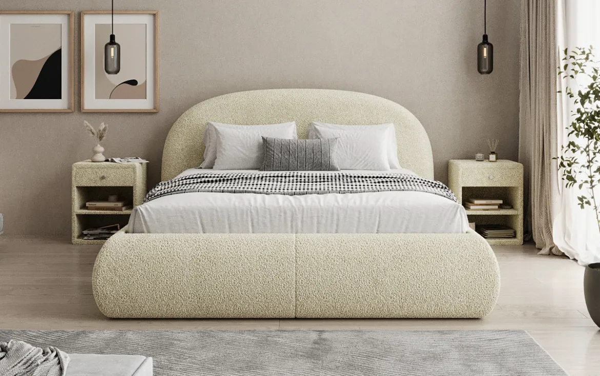 Designer Polsterbett Loop in Teddy Bouclé mit Stauraum