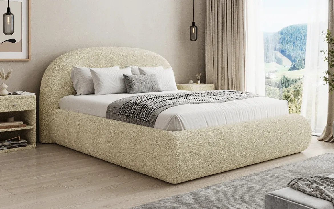 Designer Polsterbett Loop in Teddy Bouclé mit Stauraum