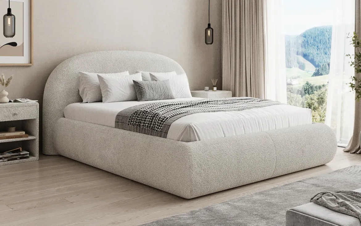 Designer Polsterbett Loop in Teddy Bouclé mit Stauraum