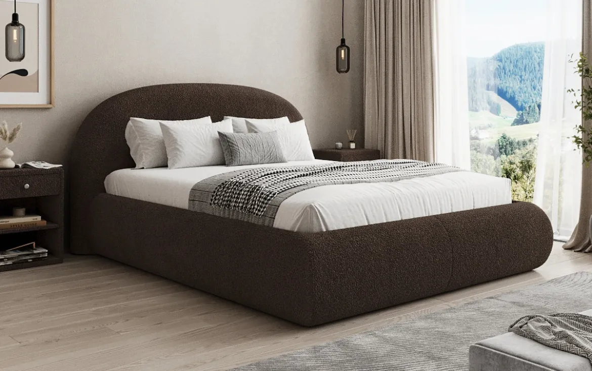Designer Polsterbett Loop in Teddy Bouclé mit Stauraum