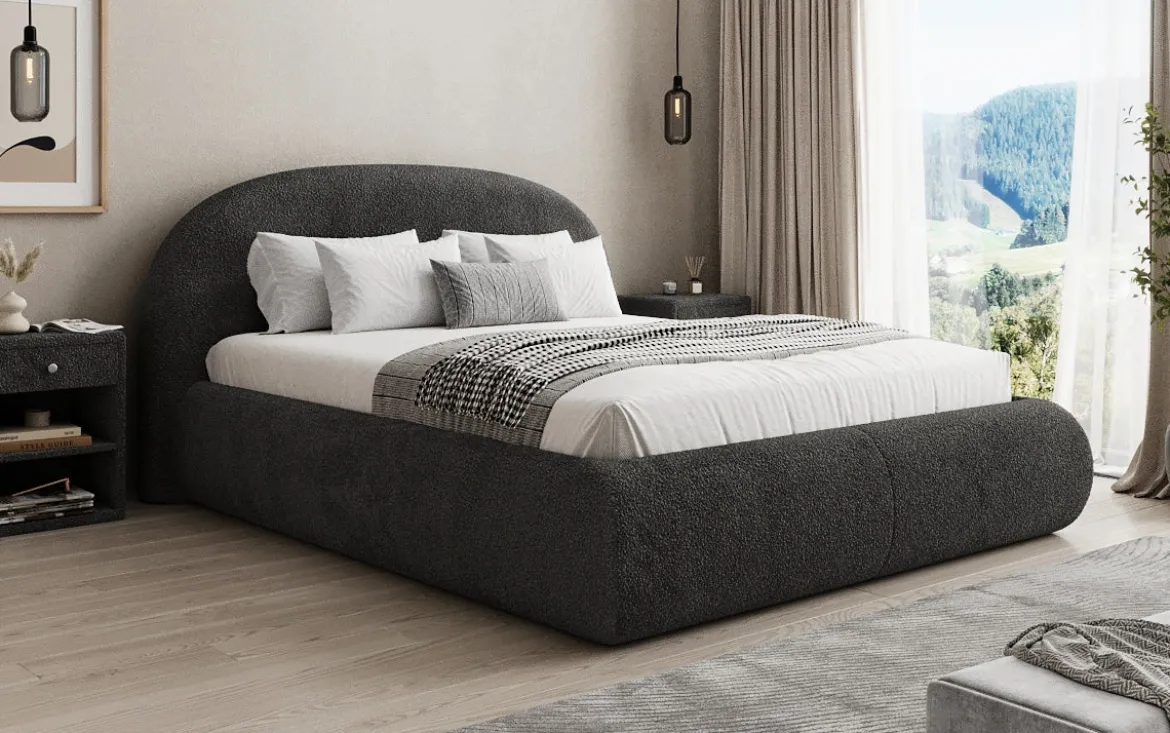 Designer Polsterbett Loop in Teddy Bouclé mit Stauraum