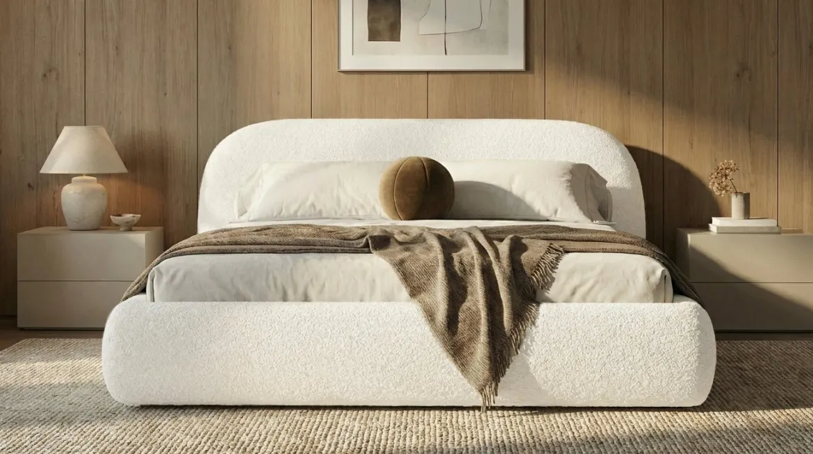 Designer Polsterbett Luma in Bouclé mit Stauraum